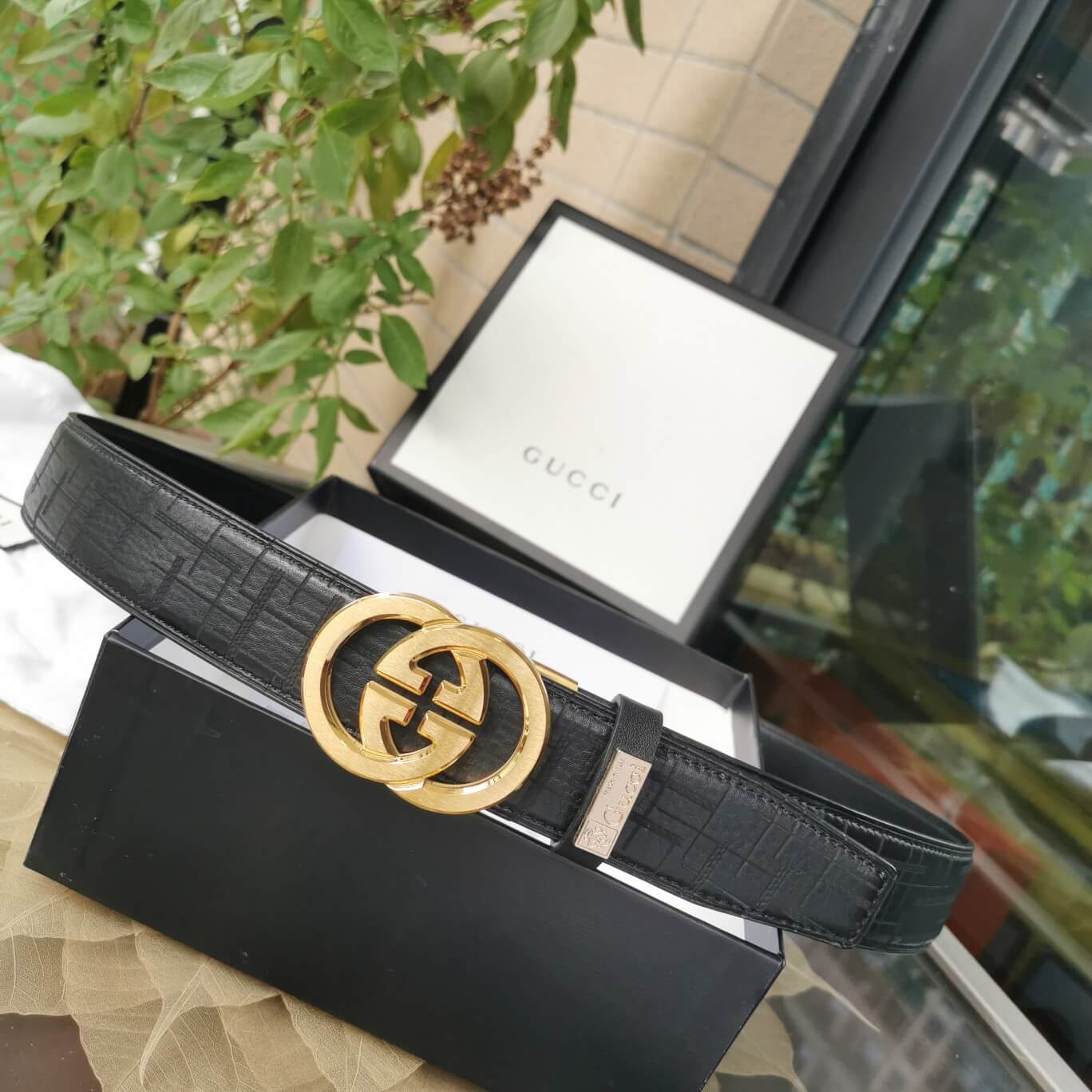 GC BELT Cowhide leather black gold buckle wide 3.5cm Automatic buckle
