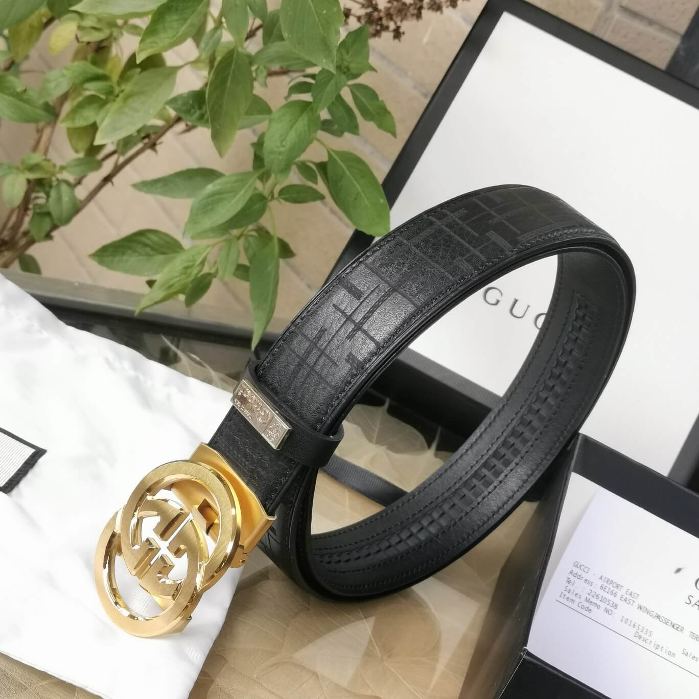 GC BELT Cowhide leather black gold buckle wide 3.5cm Automatic buckle