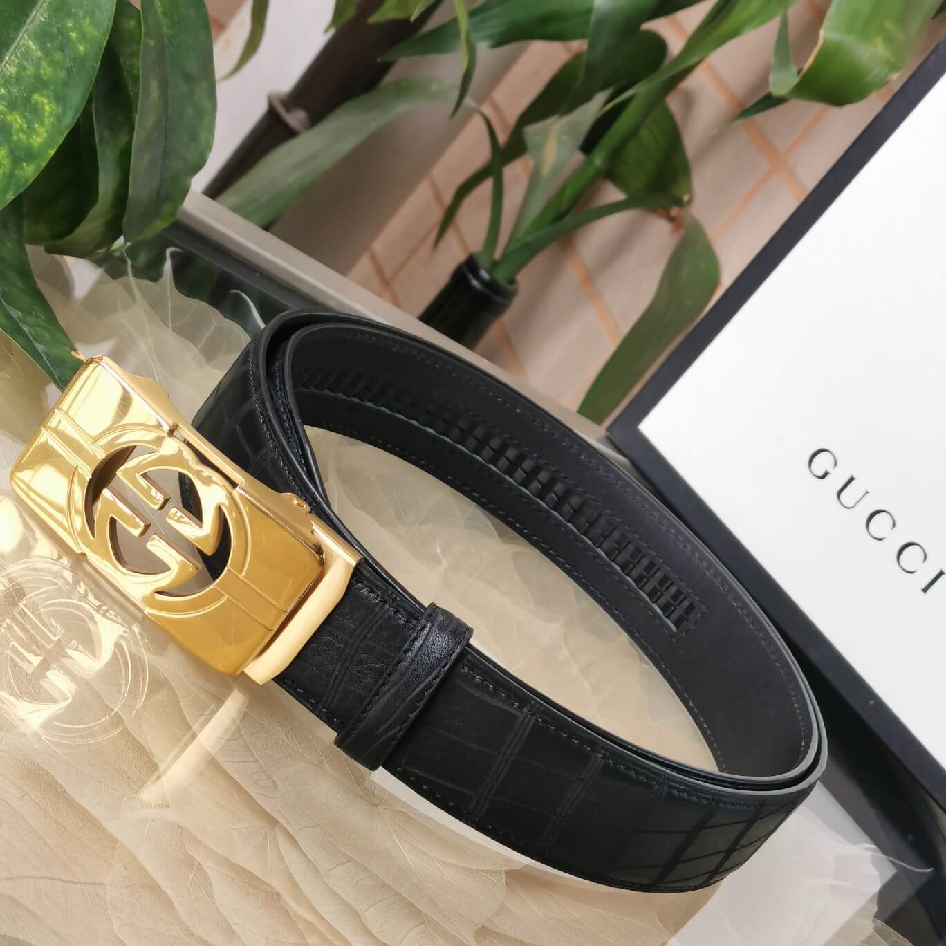 GC BELT Cowhide leather black gold buckle wide 3.5cm Automatic buckle