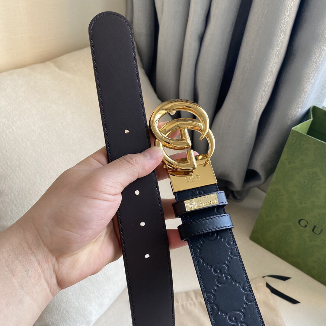 GC BELT Cowhide leather black gold buckle wide 3.7cm