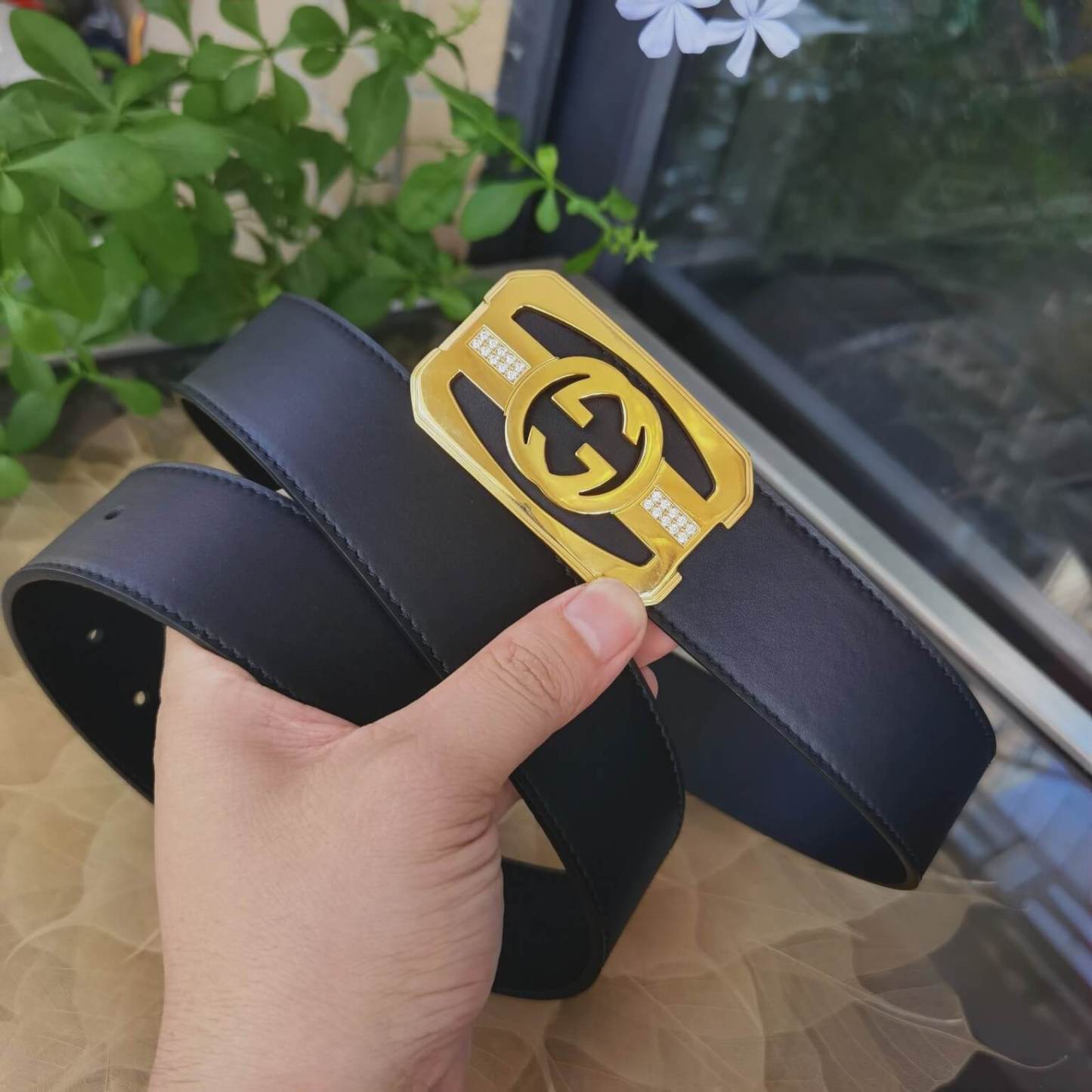 GC BELT Cowhide leather black gold buckle wide 3.8cm