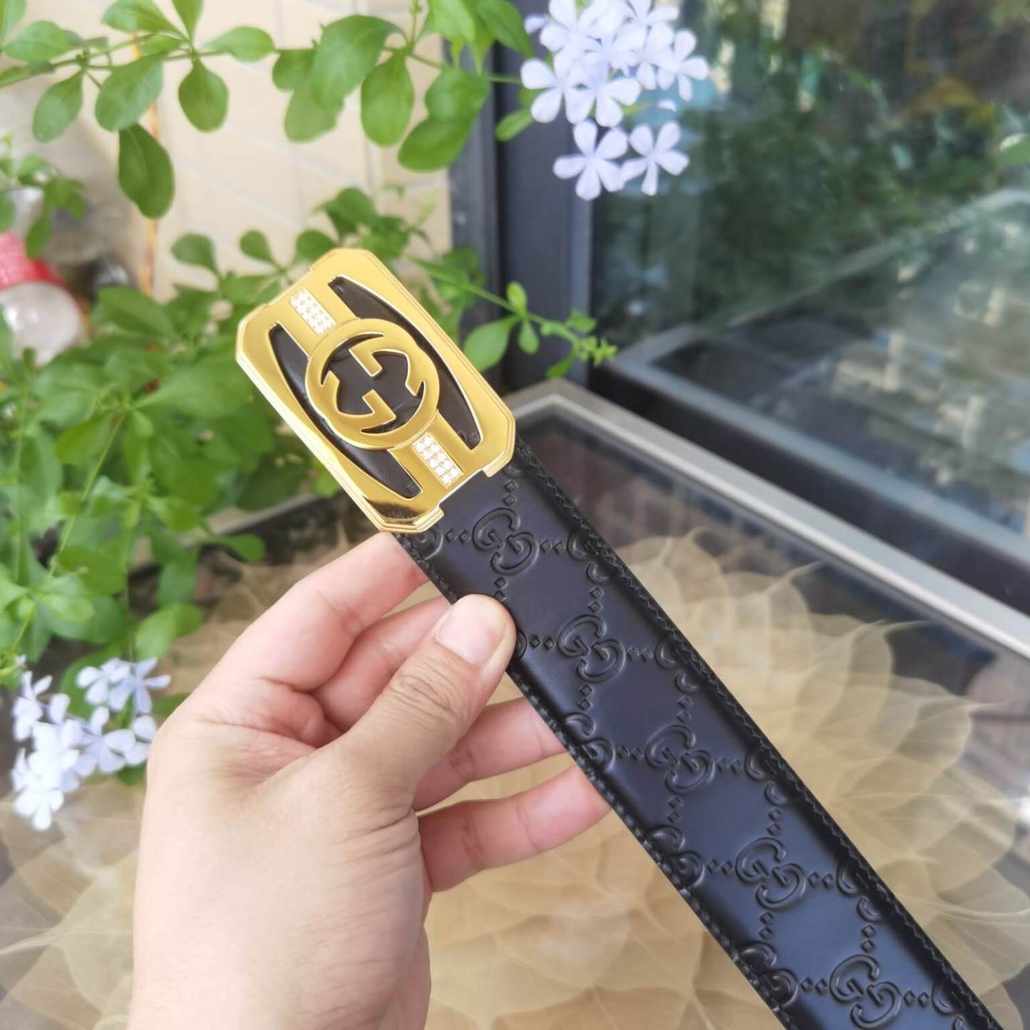 GC BELT Cowhide leather black gold buckle wide 3.8cm Popular belt