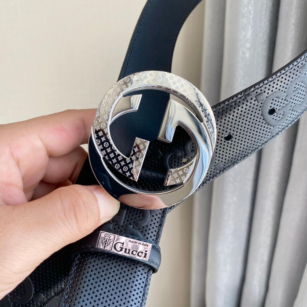 GC BELT Cowhide leather black Silver buckle wide 4cm