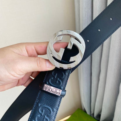 GC BELT Cowhide leather black Silver buckle wide 4cm