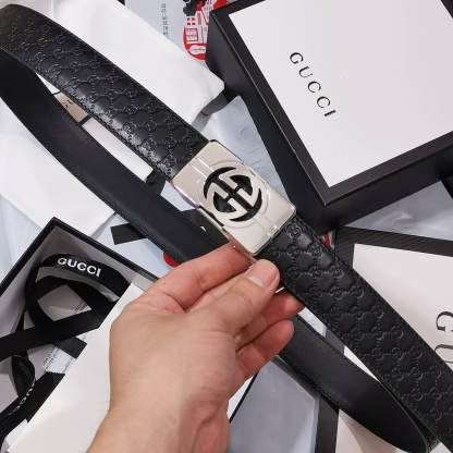 GC BELT Cowhide leather black Silver buckle wide 3.5cm Automatic buckle