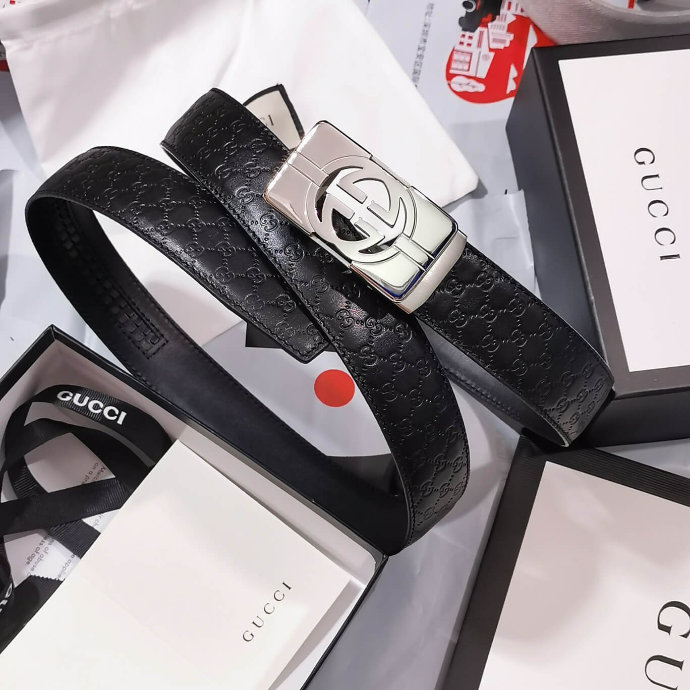 GC BELT Cowhide leather black Silver buckle wide 3.5cm Automatic buckle