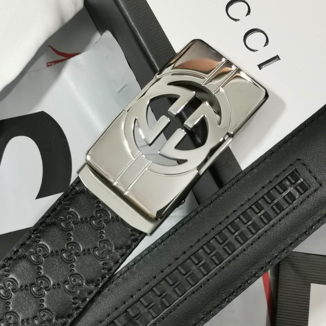 GC BELT Cowhide leather black Silver buckle wide 3.5cm Automatic buckle