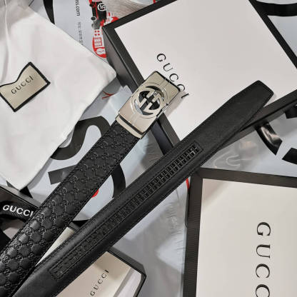 GC BELT Cowhide leather black Silver buckle wide 3.5cm Automatic buckle