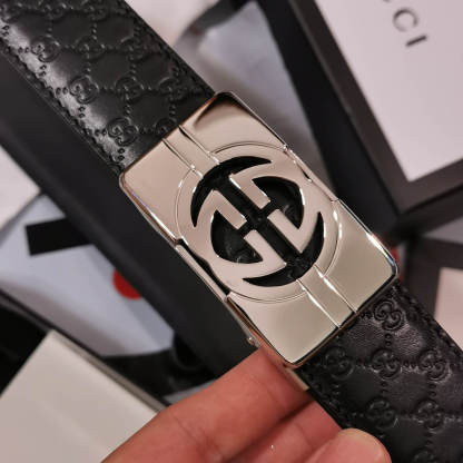GC BELT Cowhide leather black Silver buckle wide 3.5cm Automatic buckle
