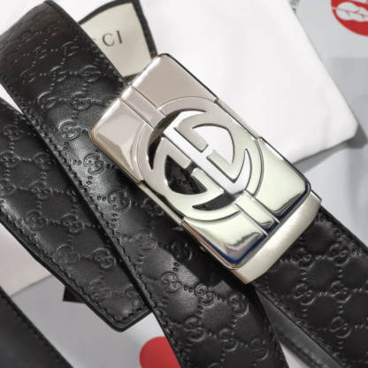 GC BELT Cowhide leather black Silver buckle wide 3.5cm Automatic buckle