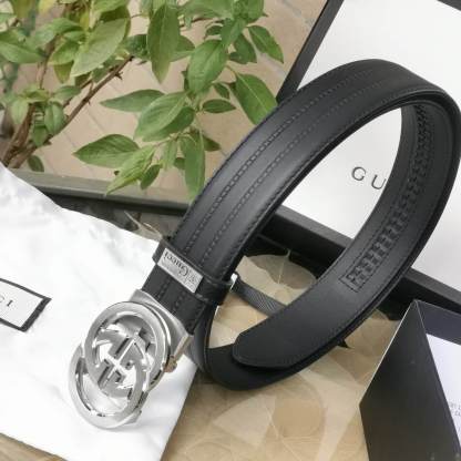GC BELT Cowhide leather blue Silver buckle wide 3.5cm Automatic buckle