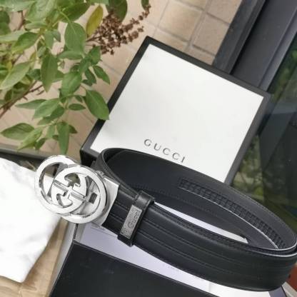 GC BELT Cowhide leather blue Silver buckle wide 3.5cm Automatic buckle
