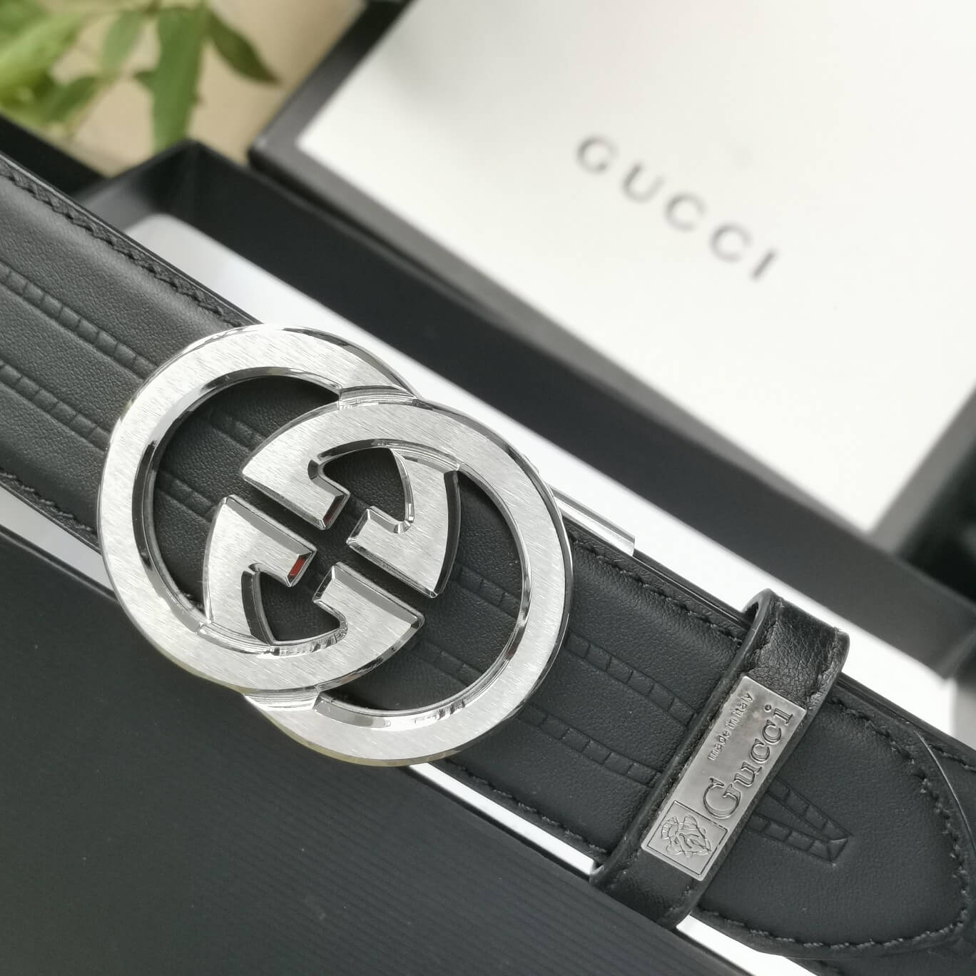 GC BELT Cowhide leather blue Silver buckle wide 3.5cm Automatic buckle