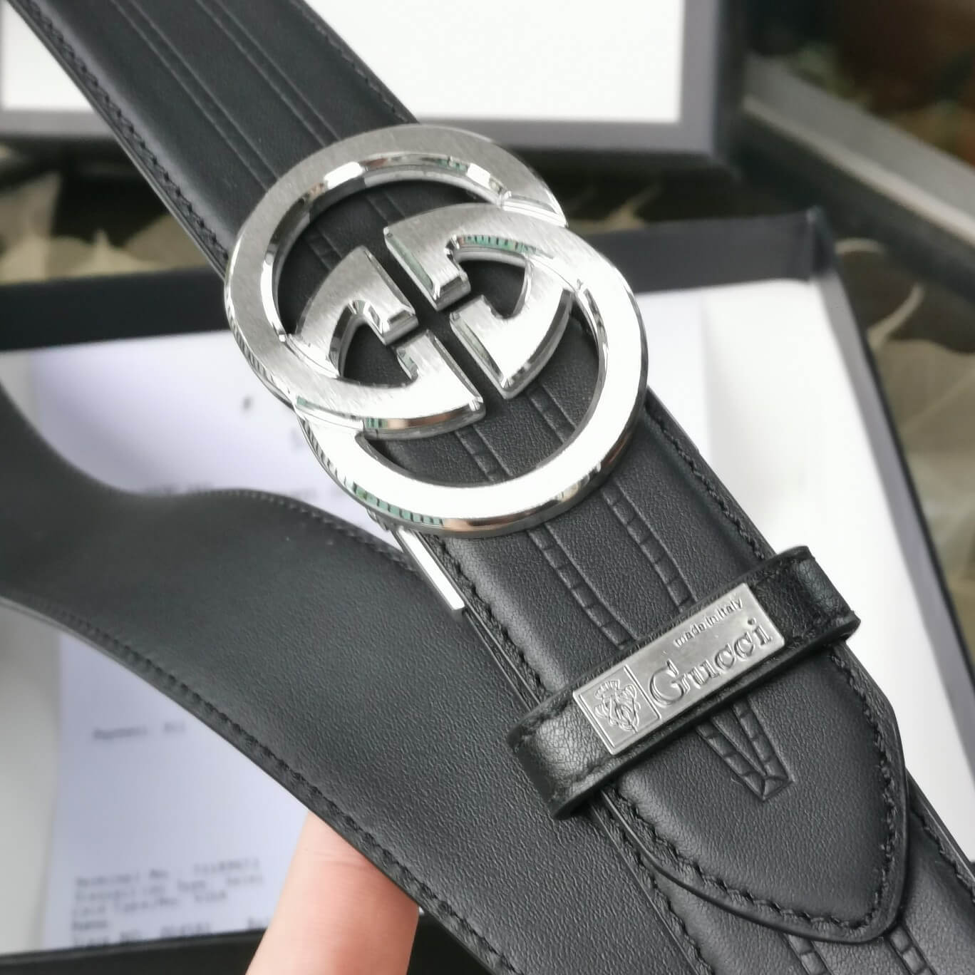 GC BELT Cowhide leather blue Silver buckle wide 3.5cm Automatic buckle