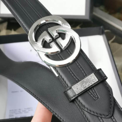 GC BELT Cowhide leather blue Silver buckle wide 3.5cm Automatic buckle