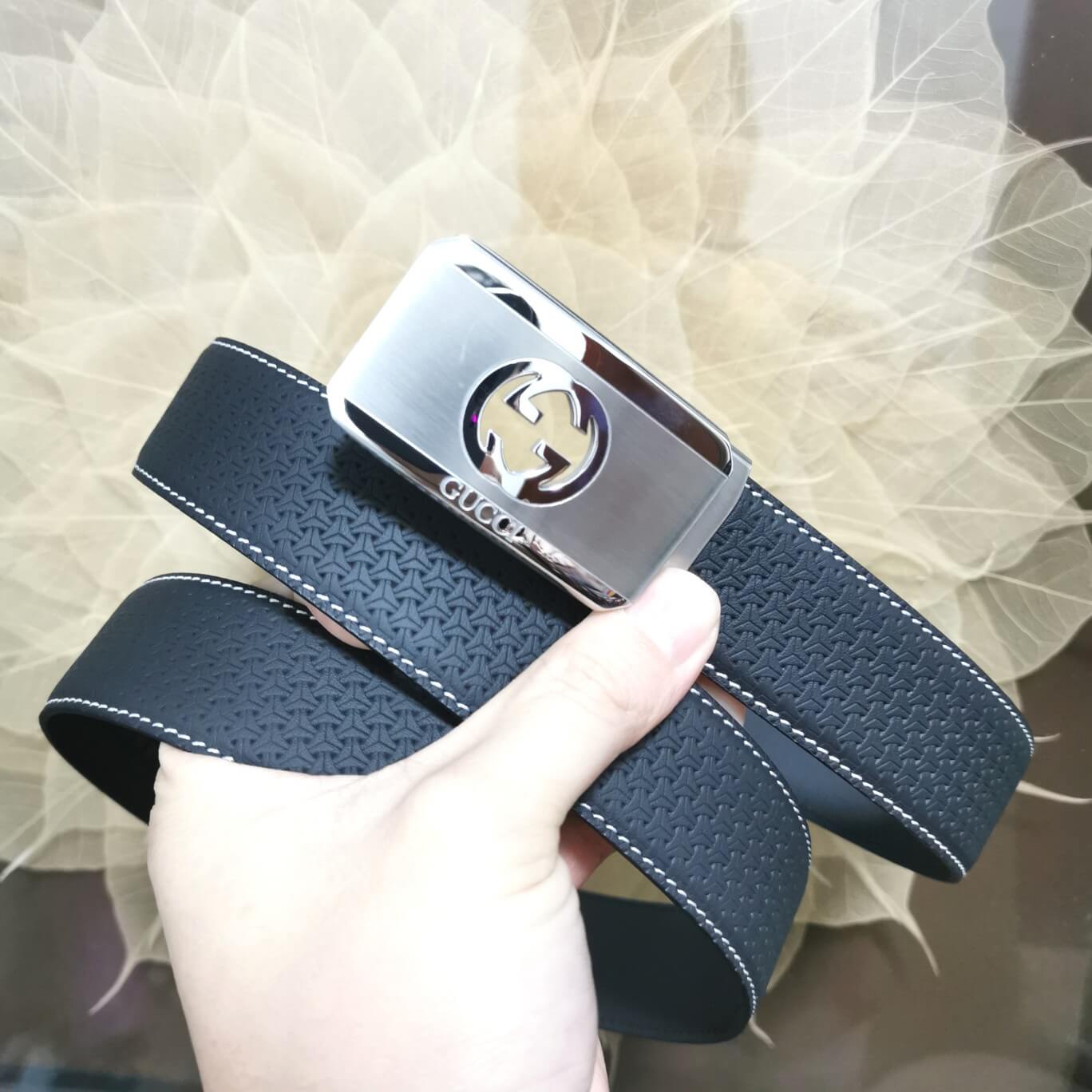 GC BELT Cowhide leather blue Silver buckle wide 3.4cm Automatic buckle
