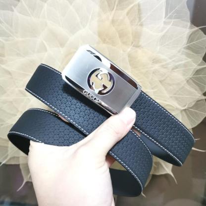 GC BELT Cowhide leather blue Silver buckle wide 3.4cm Automatic buckle
