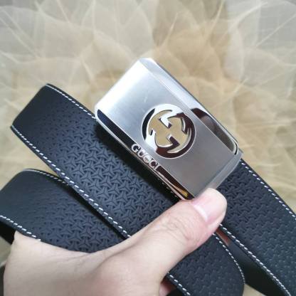 GC BELT Cowhide leather blue Silver buckle wide 3.4cm Automatic buckle