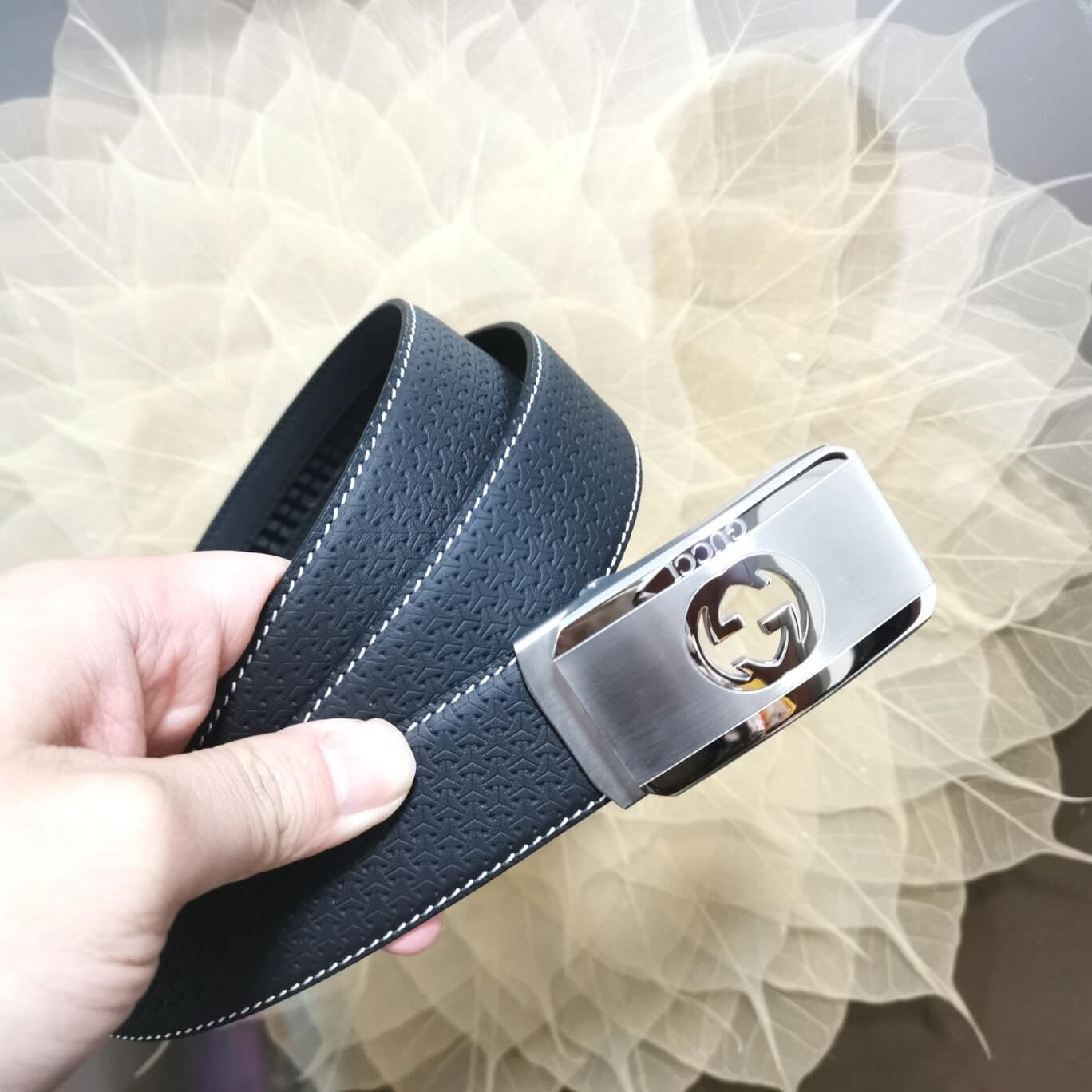 GC BELT Cowhide leather blue Silver buckle wide 3.4cm Automatic buckle