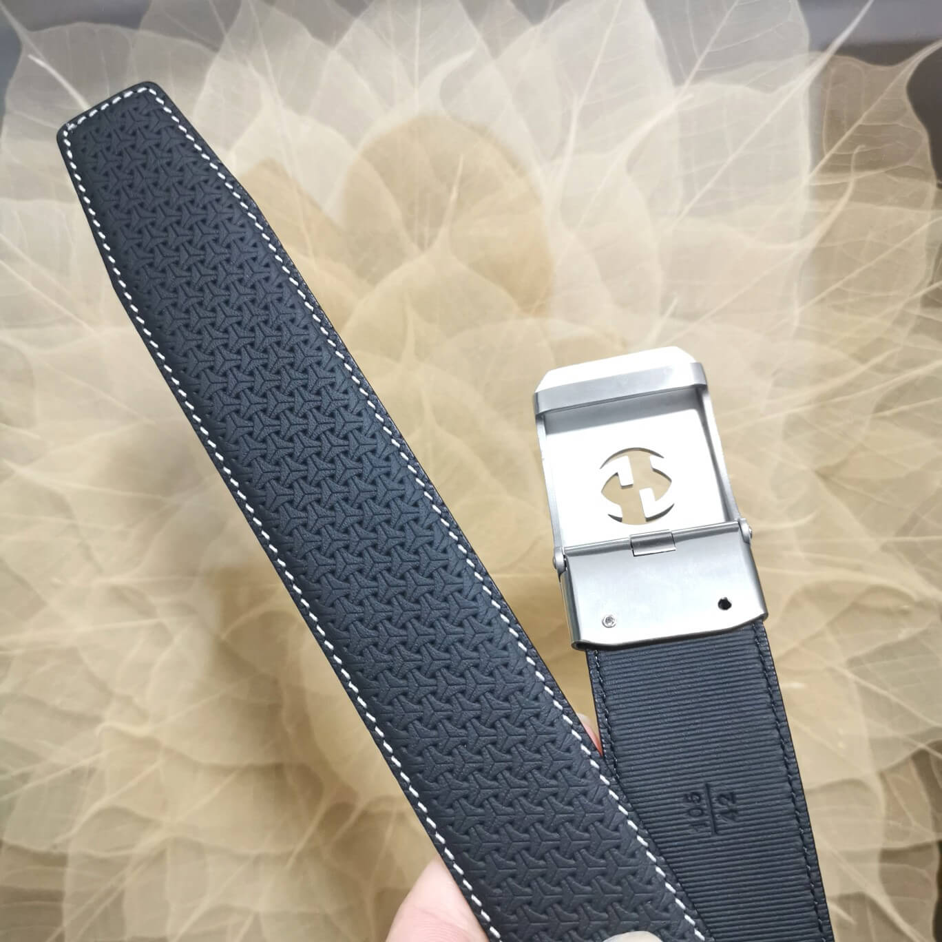 GC BELT Cowhide leather blue Silver buckle wide 3.4cm Automatic buckle