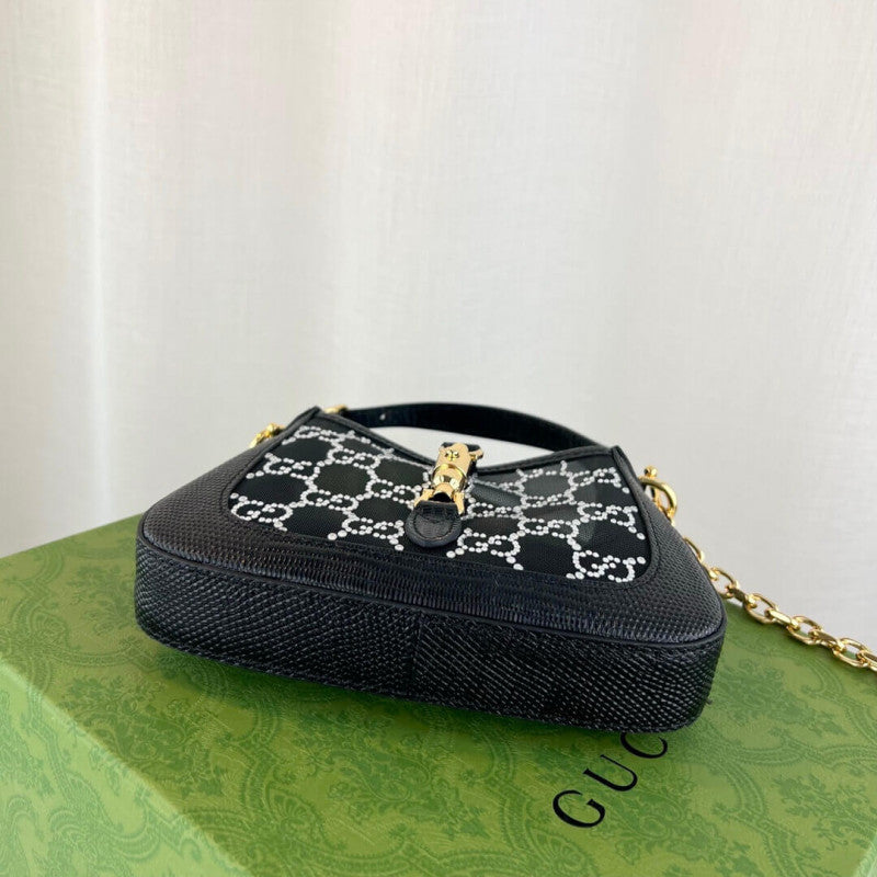 Jackie 1961 Mini Crystal GG Lizard Bag 677027 Black