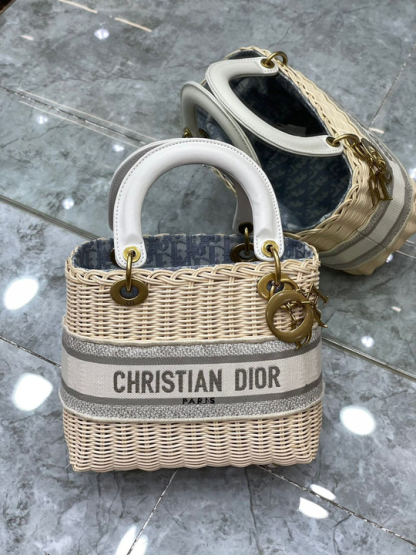 DI Medium Lady Natural Wicker and Blue Oblique Jacquard Bag, Blue, For Women Women’s Handbags, 24cm CD M0565CMVO_M808