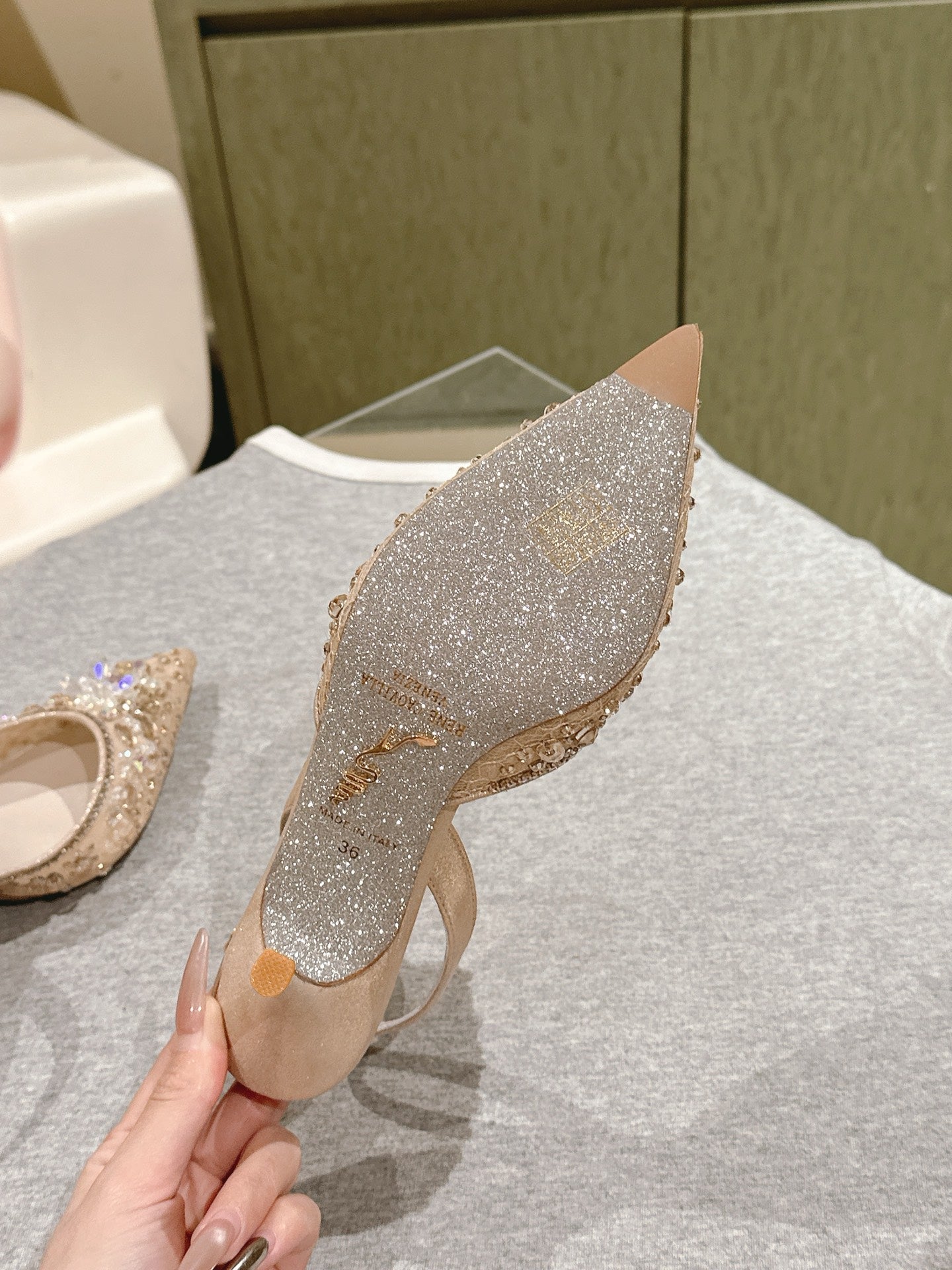 RC 25C Slingback Diamond High Heel 7.5cm Beige Silk Rhinestones 268079