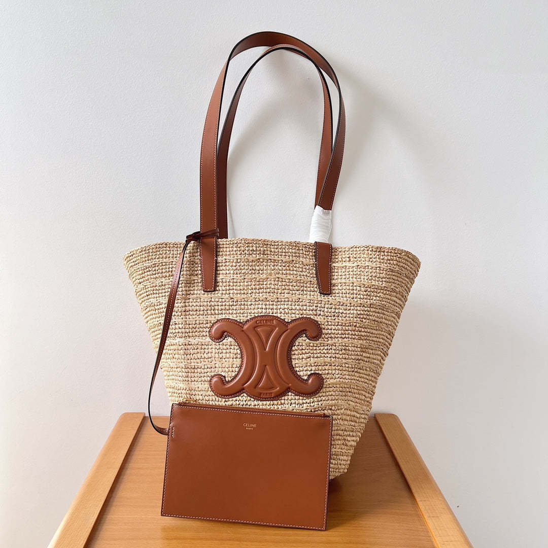 Celine Medium Supple Classic Panier 30cm Brown Calfskin Beige Raffia