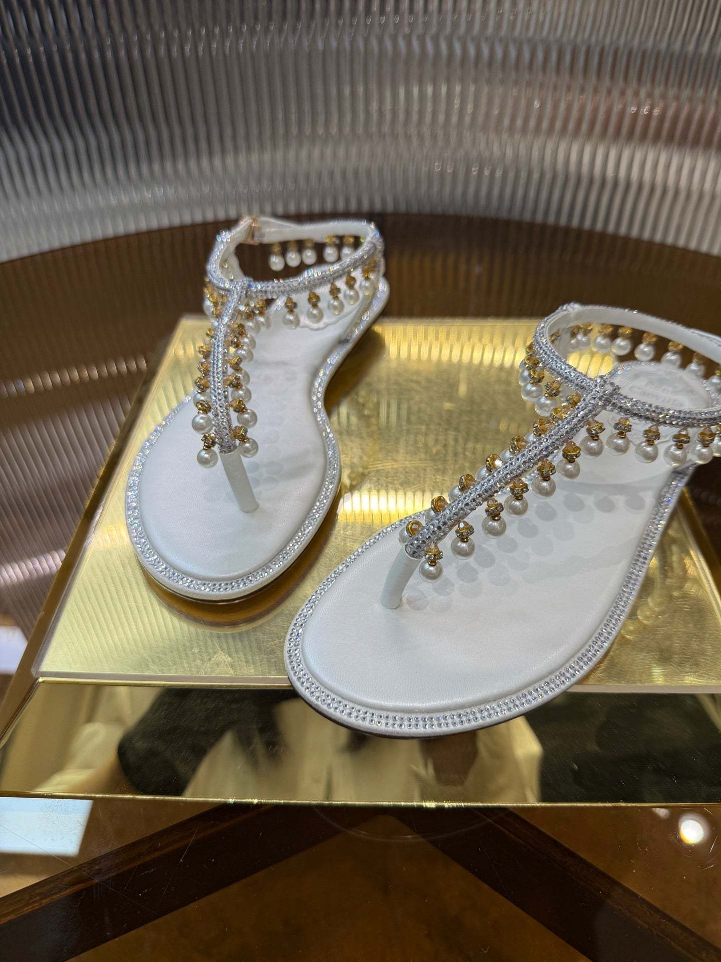 RC 25C Thong Diamond Flat Sandals White Silk Rhinestone 275772