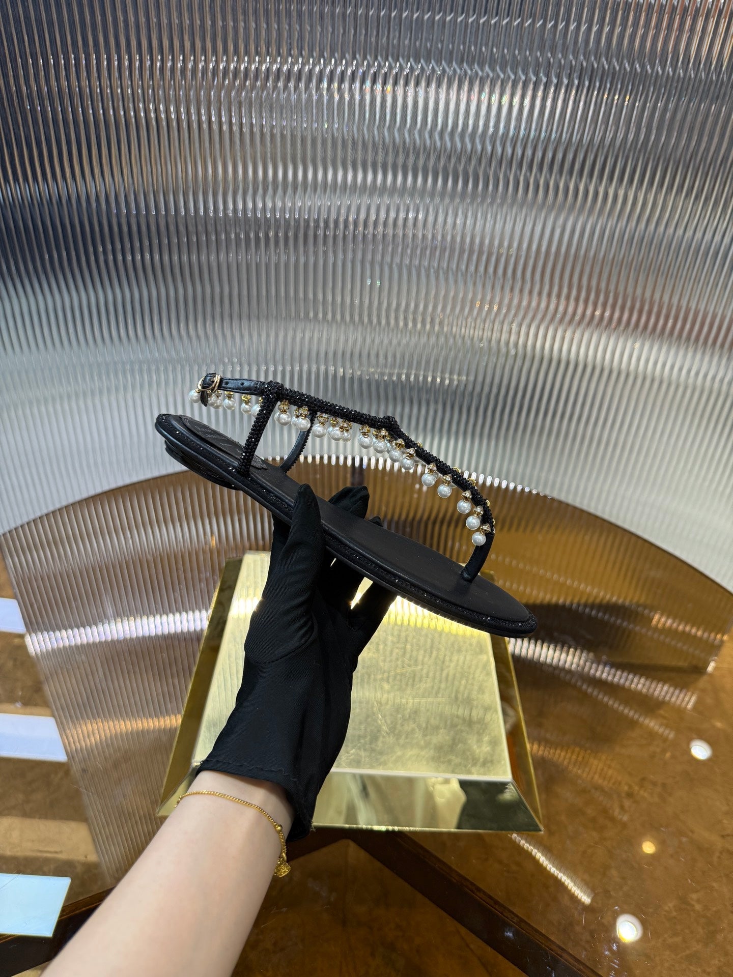 RC 25C Thong Diamond Flat Sandals Black Silk Rhinestone 275773