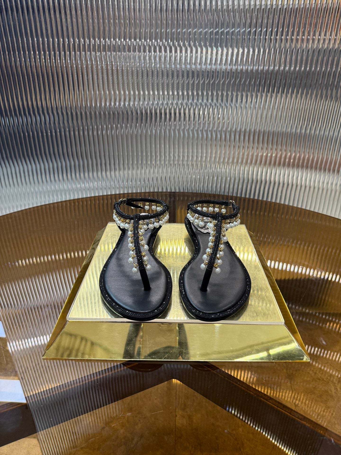 RC 25C Thong Diamond Flat Sandals Black Silk Rhinestone 275773