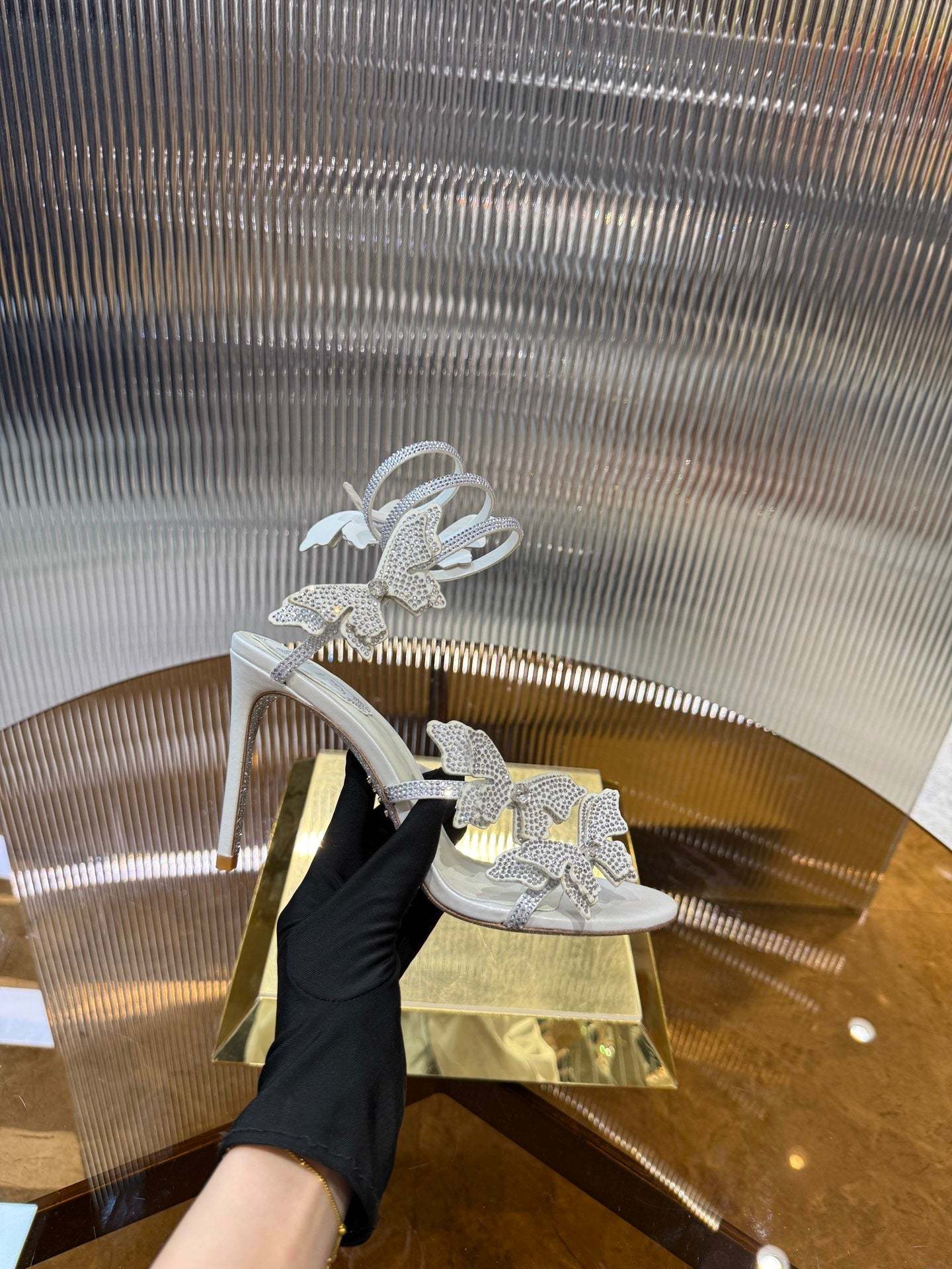 RC 25C Stiletto Sandals White Silk Rhinestone 275775