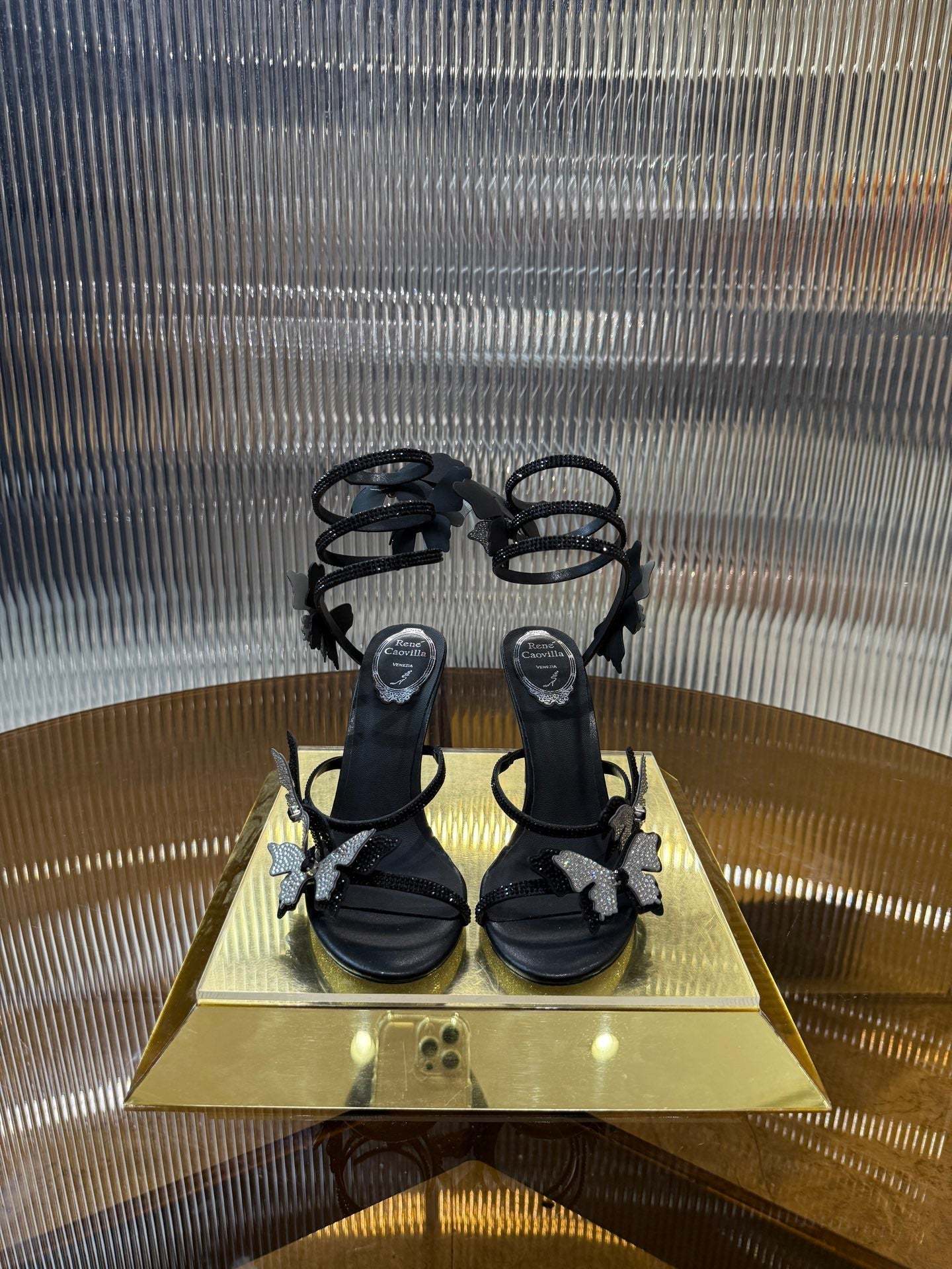 RC 25C Stiletto Sandals Black Silk Rhinestone 275776