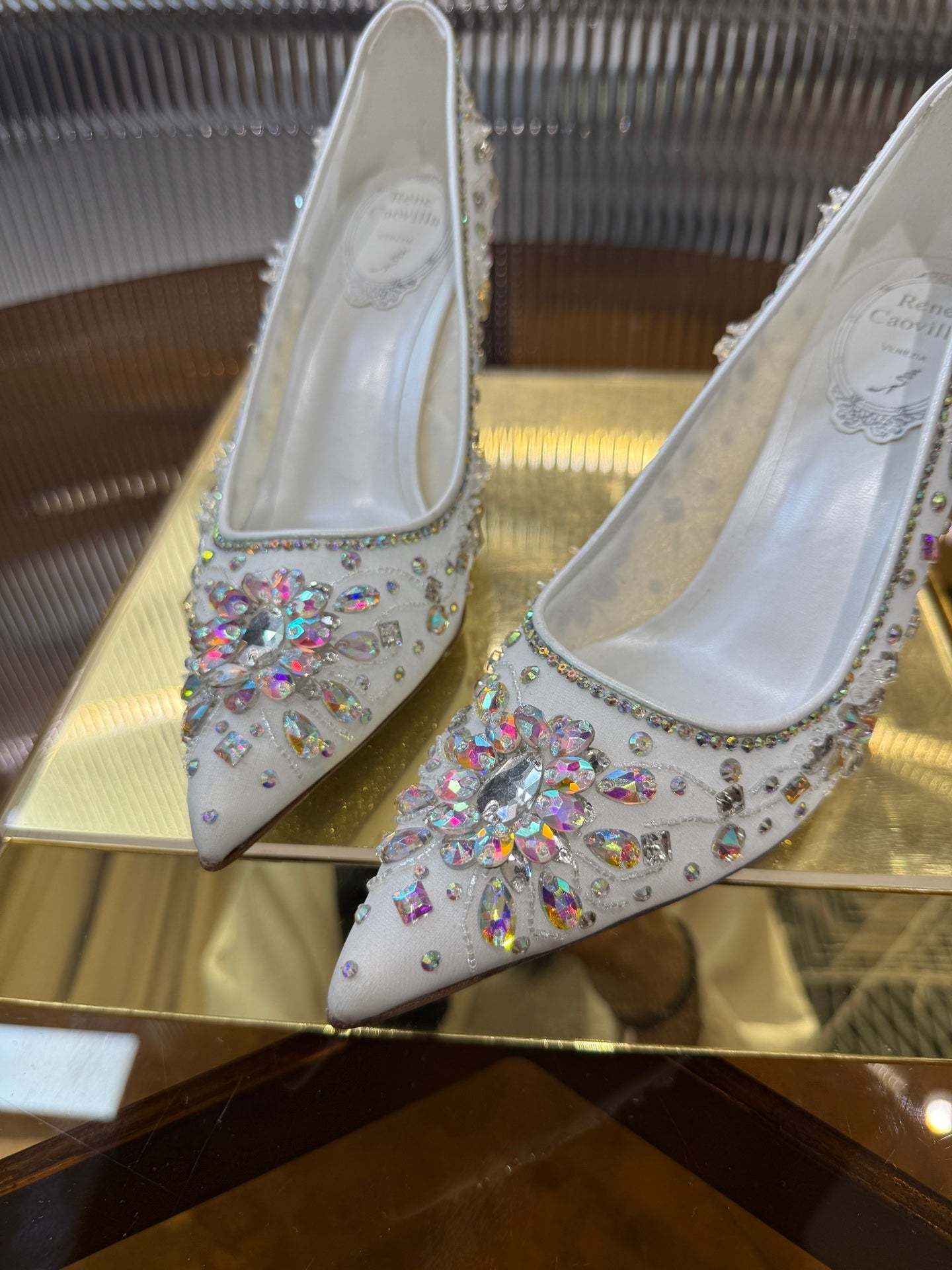 RC 25C Crystal Pearl Gem Lace High Heels White Sheepskin 275753