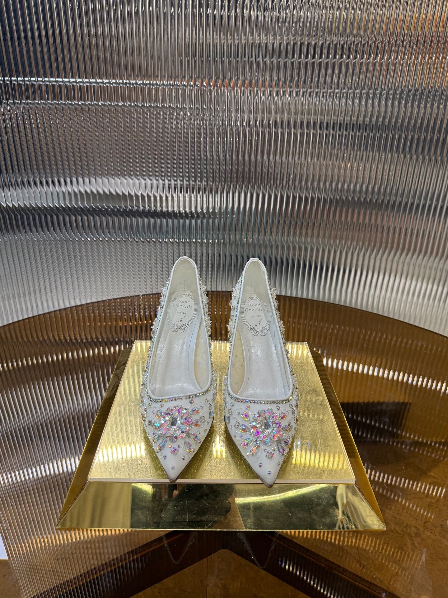 RC 25C Crystal Pearl Gem Lace High Heels White Sheepskin 275753