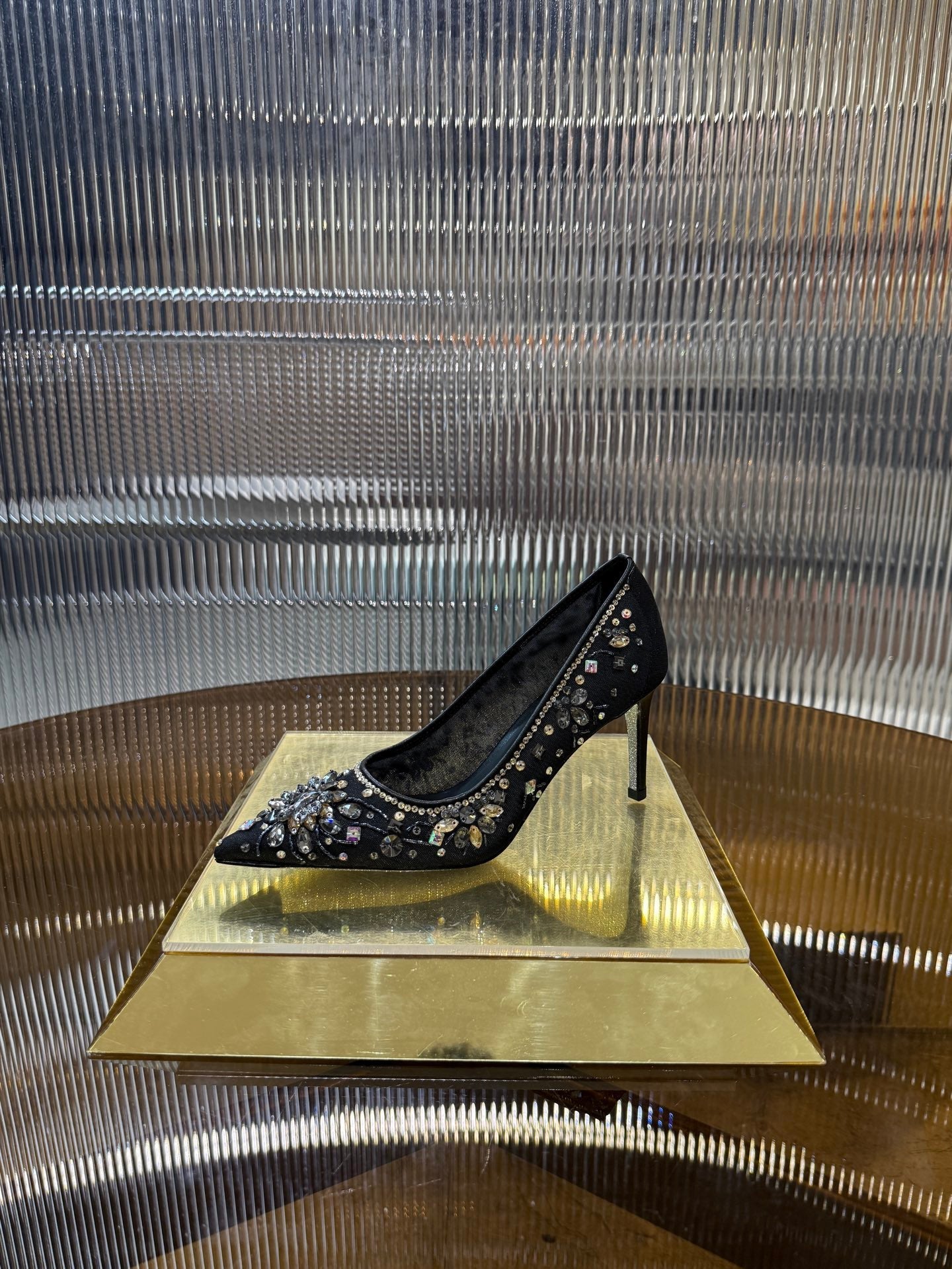 RC 25C Crystal Pearl Gem Lace High Heels Black Sheepskin 275754