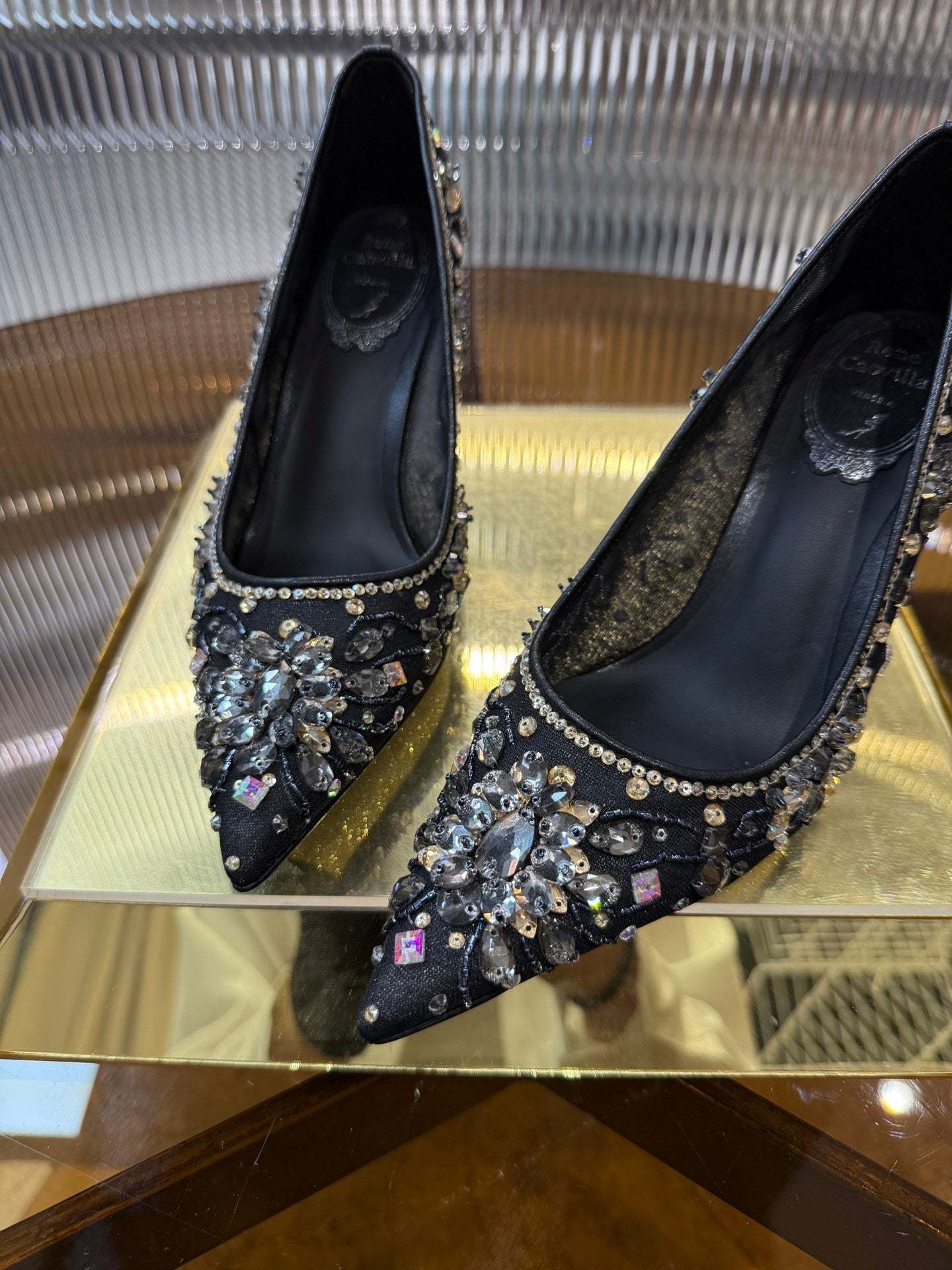 RC 25C Crystal Pearl Gem Lace High Heels Black Sheepskin 275754