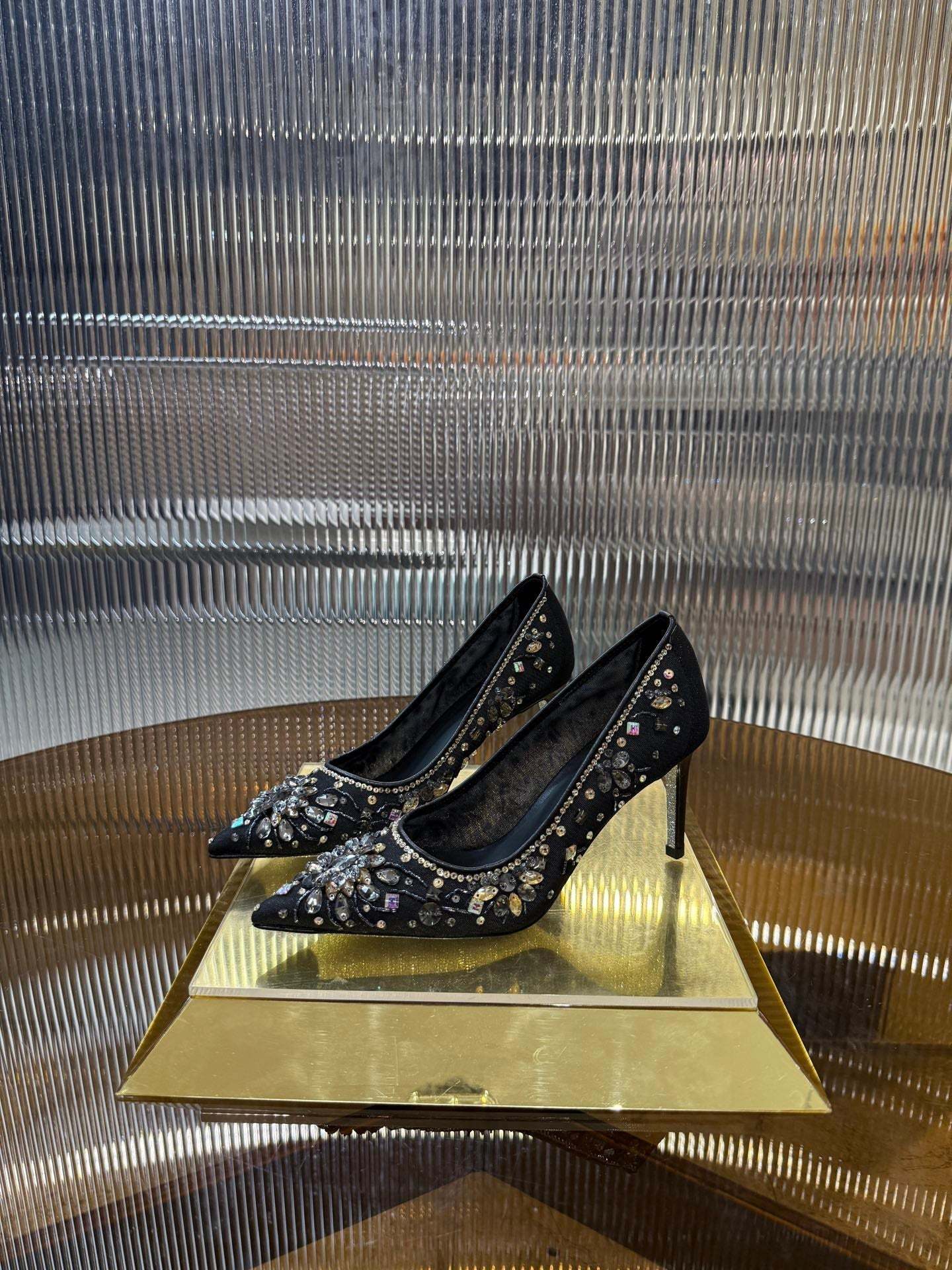 RC 25C Crystal Pearl Gem Lace High Heels Black Sheepskin 275754