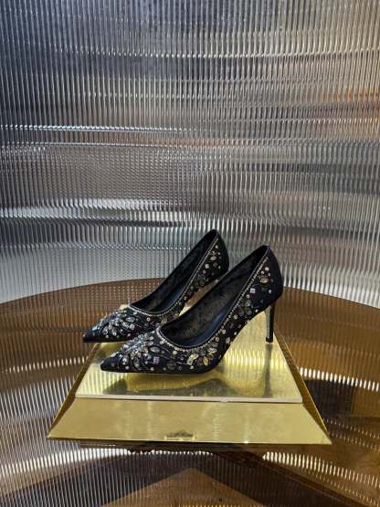 RC 25C Crystal Pearl Gem Lace High Heels Black Sheepskin 275754