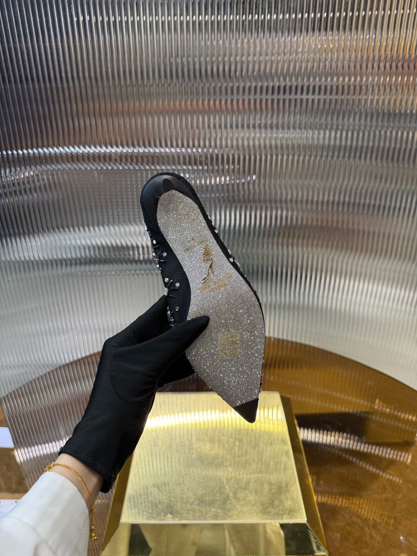 RC 25C Crystal Pearl Gem Lace High Heels Black Sheepskin 275754