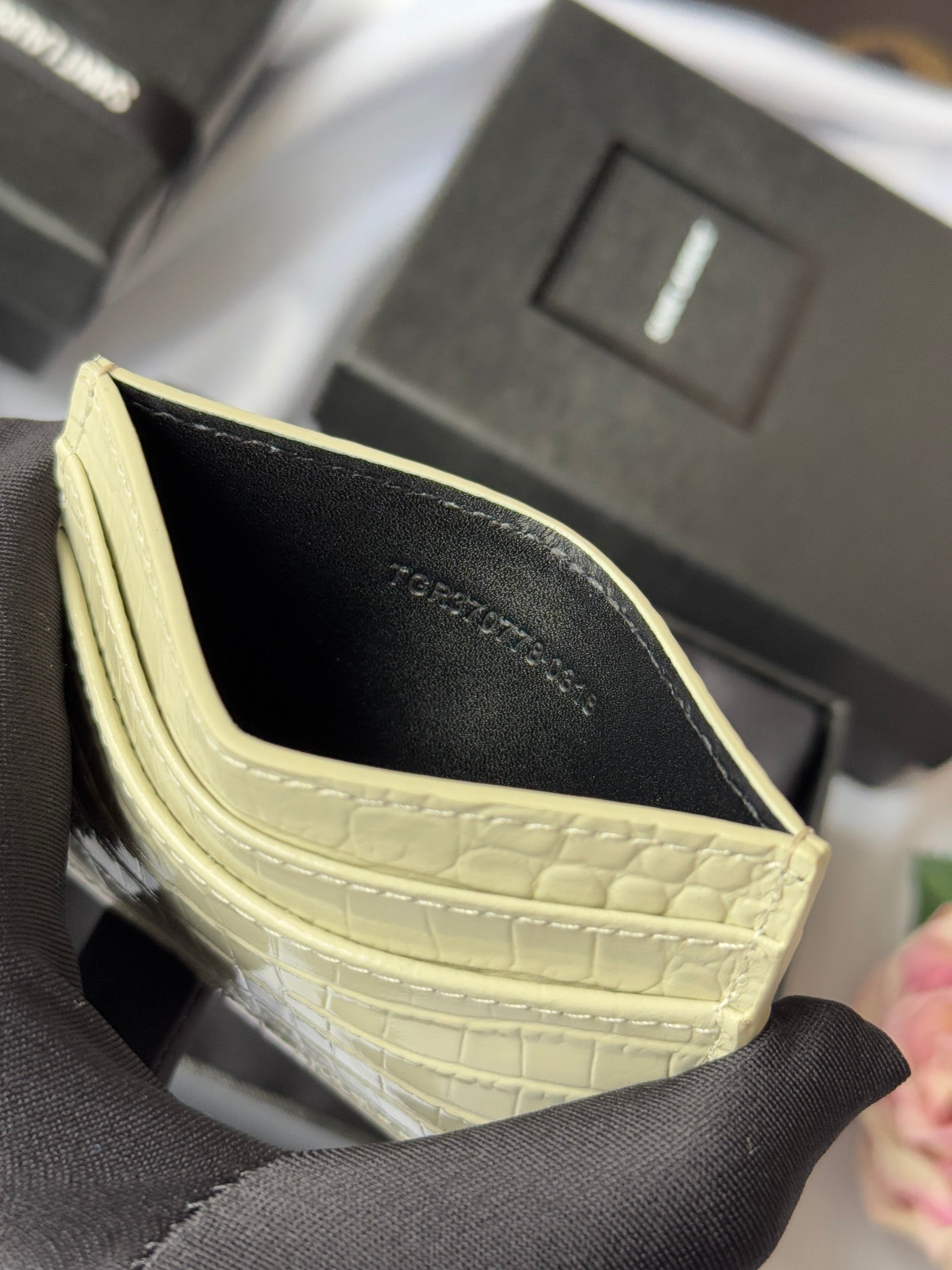 YSL Card Holder 10cm Wallet Cream Gold Crocodile Leather 240565