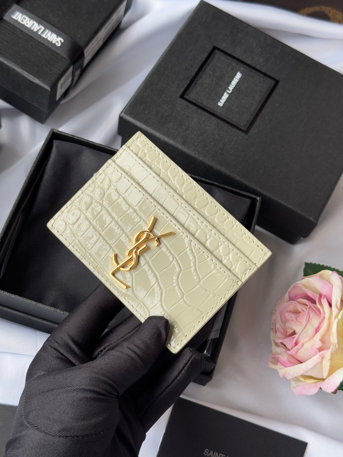 YSL Card Holder 10cm Wallet Cream Gold Crocodile Leather 240565