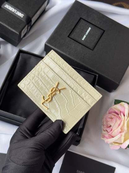 YSL Card Holder 10cm Wallet Cream Gold Crocodile Leather 240565