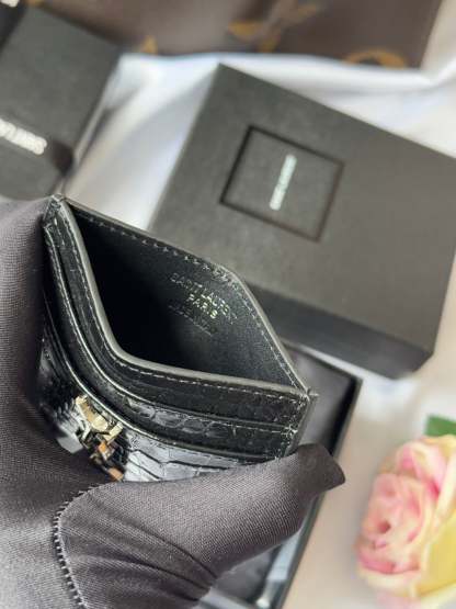 YSL Card Holder 10cm Wallet Black Silver Crocodile Leather 240554
