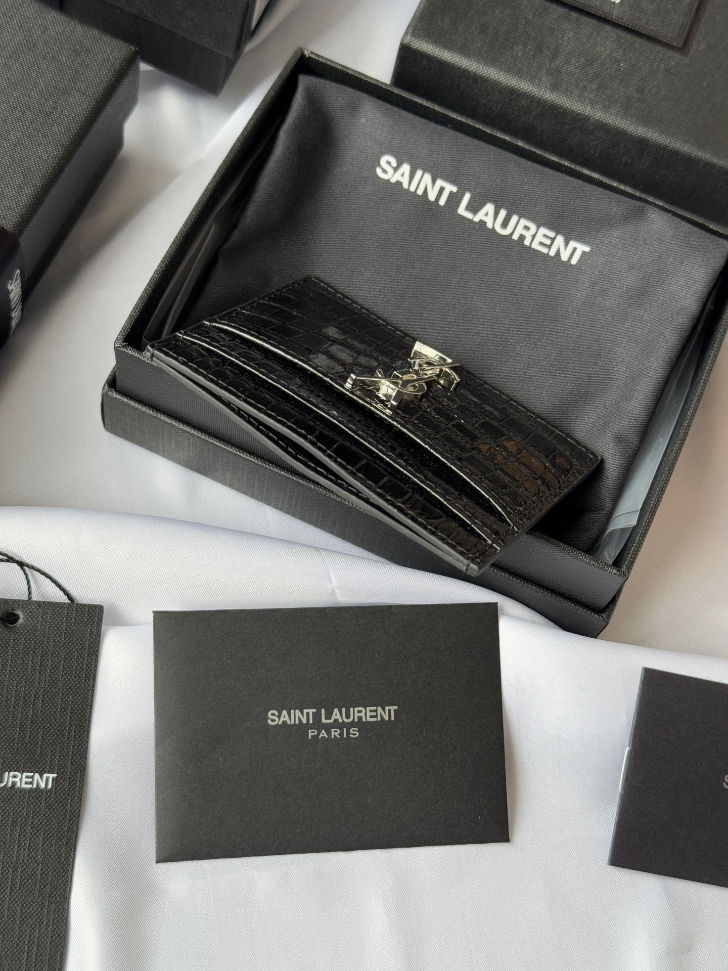 YSL Card Holder 10cm Wallet Black Silver Crocodile Leather 240554