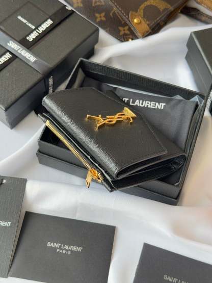 YSL Tri-fold Wallet Black Gold Cowhide 242754