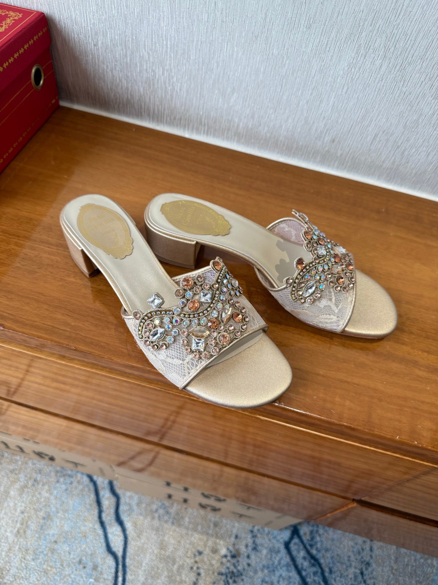 RC 25 Crystal Chandelier Sandals Beige Sheepskin 221962