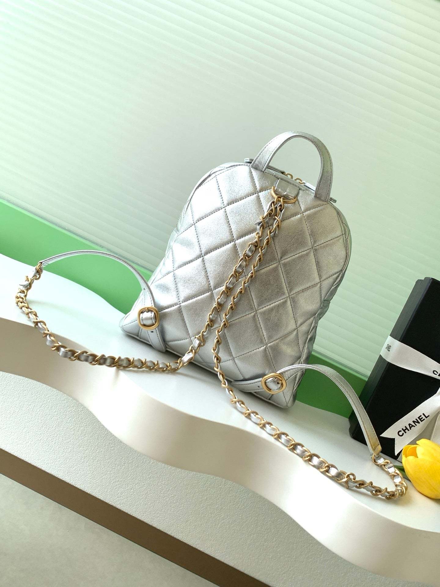 Chanel 25K Backpack Silver Gold Metallic Lambskin 295193