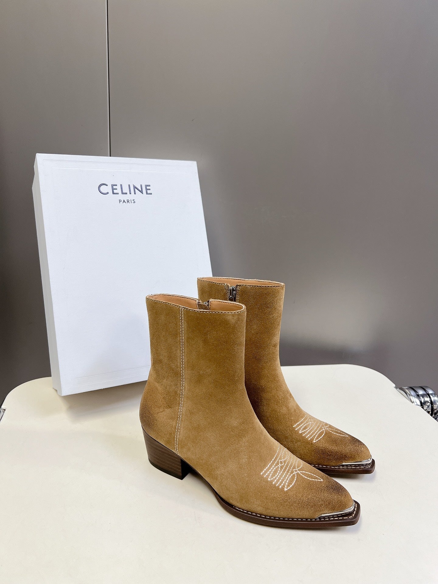 CELINE 25 Cowboy Boots Light Brown Suede 434415