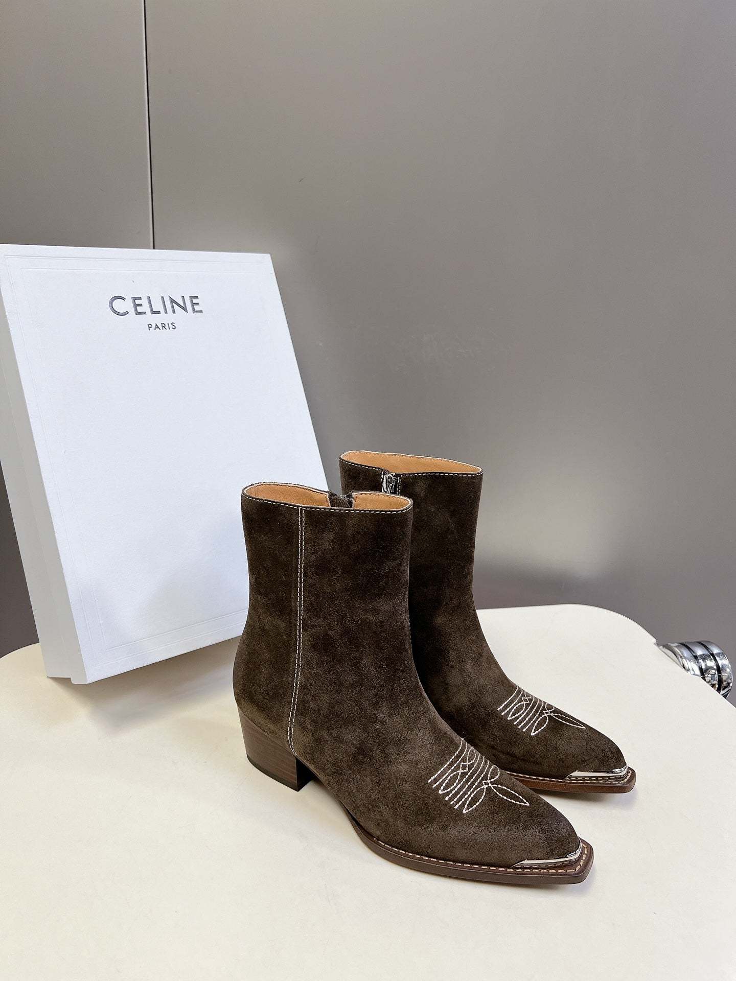 CELINE 25 Cowboy Boots Dark  Brown Suede 434417